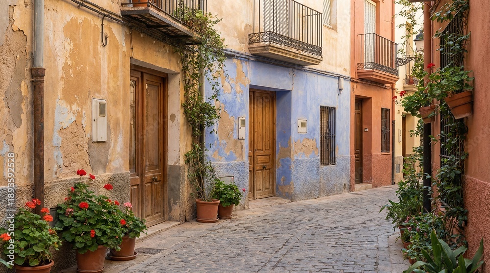 Fototapeta premium Colorful textures of local street walls bathed in natural light. Street in a Mediterranean village. Travel concept.