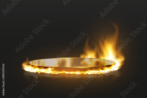 Minimal stage for product demonstration with fire effects.