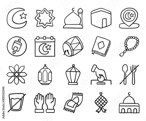 A hand-drawn Ramadan and Islamic icon set featuring essential religious symbols and traditions, illustrated with organic lines and a crafted, human touch.