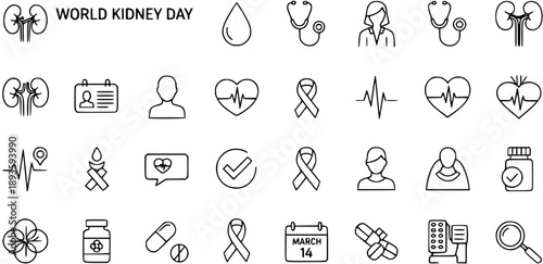World Kidney Day Line Icons Set. Healthcare, Nephrology, and Medical Awareness symbols featuring kidney, heart, pills, diagnosis, and doctor.