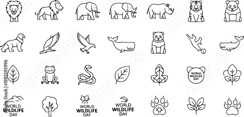 Diverse Wildlife Icons for World Wildlife Day: Animals, Plants, and Nature Symbols