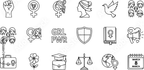 Collection of Feminism and Women's Rights Icons: Fist, Female Symbols, Peace, Diversity, Law, Education, and International Women's Day