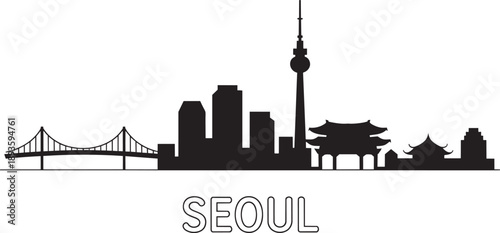 Seoul skyline silhouette illustration iconic buildings N Seoul Tower Gangnam buildings bridge