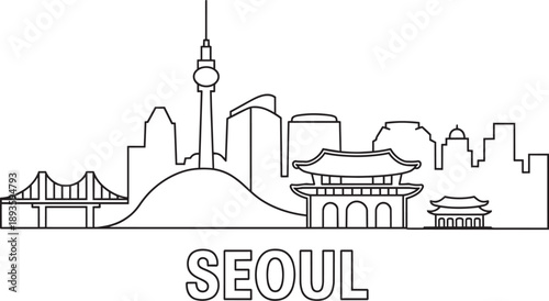 Seoul skyline vector line art illustration N Seoul Tower Gangnam buildings traditional gates
