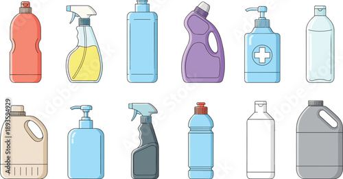 Household cleaning bottles vector collection with detergent containers, spray bottles, soap dispensers, and liquid sanitizer packaging