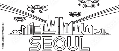 Seoul skyline with futuristic drones and lines in sky