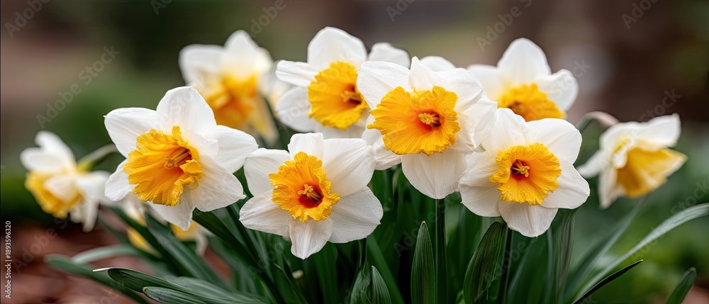Obraz premium Field of white and yellow daffodils in spring bloom with close-up view and blurred background in a garden setting