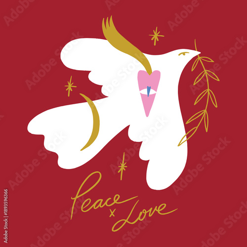 Abstract minimalist groovy poster or postcard dove of peace with sacred heart. Modern trendy minimal freehand doodlish surreal style. Hand drawn clip-art design for wallpaper, wall decor, print, cover