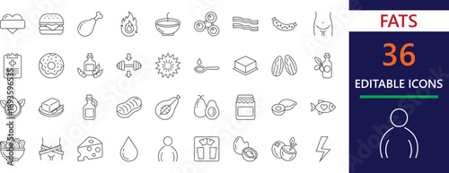 Minimalist stroke icon set featuring healthy fats, oils, cardiology, obesity, plan, and keto, weight, nutrition symbols for healthcare and food industry designs.