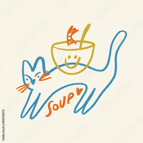 Cute cat eating seafood shrimp soup with hand lettering sign, kitten funny cooking concept in a trendy minimalistic Scandinavian childish dry brush style. Vector illustration. Asian tom yum or Finnish
