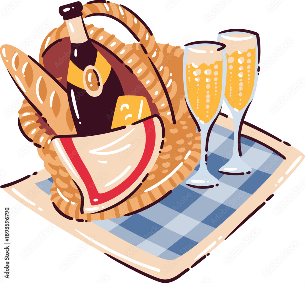 Fototapeta premium Wine picnic basket with bottle, bread and cheese on checkered blanket, picnic wine set with food and drink, wine culture, outdoor meal scene in cartoon doodle style, vector illustration