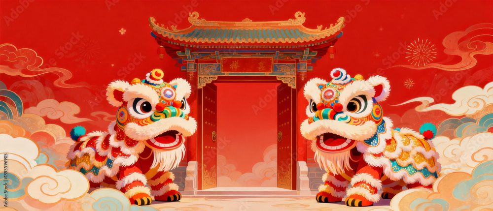 Obraz premium Two colorful lion dance figures in front of a traditional Chinese gate with red background and clouds