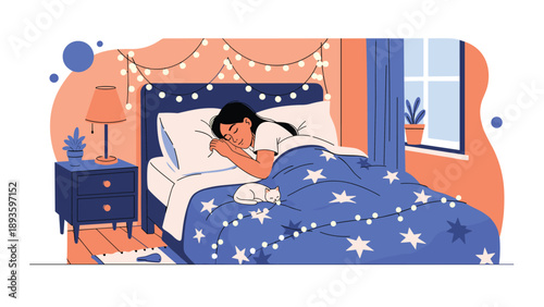 Young woman sleeping soundly in a comfortable bed with her cat in a cozy bedroom decorated with glowing string lights at night.