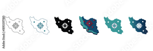 Set of six stylized vector maps of Iran, featuring a central geometric design and four dots, presented in various color schemes including outline, solid black, blue, teal, and dark blue.