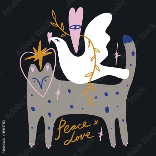 Abstract surreal groovy poster or postcard cat and dove of peace with sacred heart. Modern trendy minimal freehand doodlish surreal style. Hand drawn clipart design for wallpaper, wall decor, print