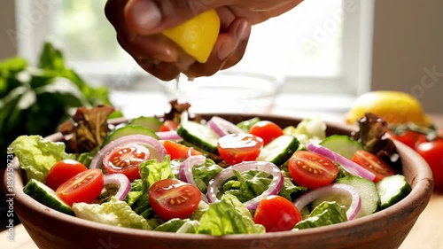Fresh Salad Preparation: Squeezing Lemon Juice onto Healthy Vegetables