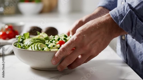 Fresh Salad Preparation: Hands arranging a healthy bowl of greens, avocado, cucumber, and tomatoes.