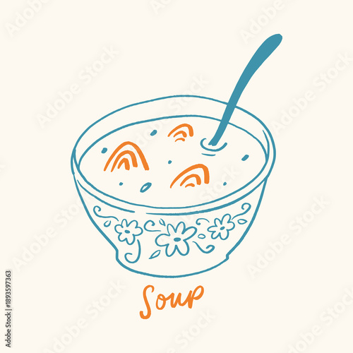 Finnish Lohikeitto seafood soup lettering cooking concept in a trendy minimalistic Scandinavian childish dry brush style. Vector illustration. Isolated fish and vegetables, greens, milk cream