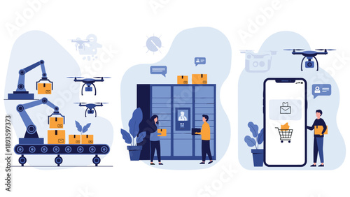 Set of illustrations depicting the modern automated delivery process from robotic warehouse sorting to drone and smart locker drop-offs.