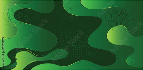 Fluid gradient shapes and dots on black background, vibrant green abstract liquid design vector illustration