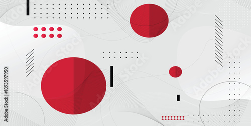 Abstract geometric background with red circles and black lines on light grey surface featuring minimalistic memphis design elements and wavy thin wireframes