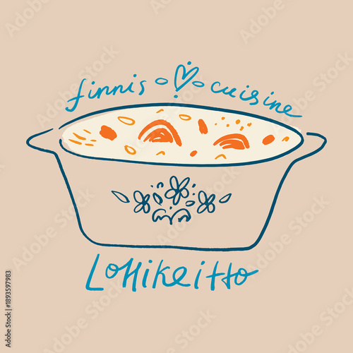 Finnish Lohikeitto seafood soup lettering cooking concept in a trendy minimalistic Scandinavian childish dry brush style. Vector illustration. Isolated fish and vegetables, greens, milk cream