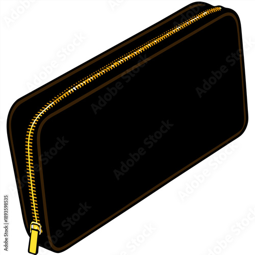 A close-up, studio shot of a closed, rectangular, brown leather wallet with a golden zipper. The wallet is positioned at a slight angle, with its longer side oriented diagonally across the frame. The 