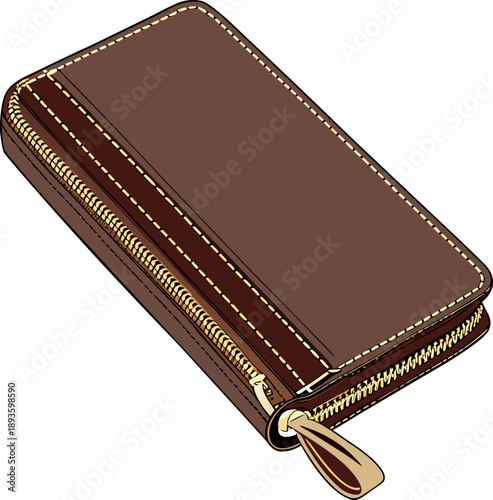 A close-up, studio shot of a closed, rectangular, brown leather wallet with a golden zipper. The wallet is positioned at a slight angle, with its longer side oriented diagonally across the frame. The 