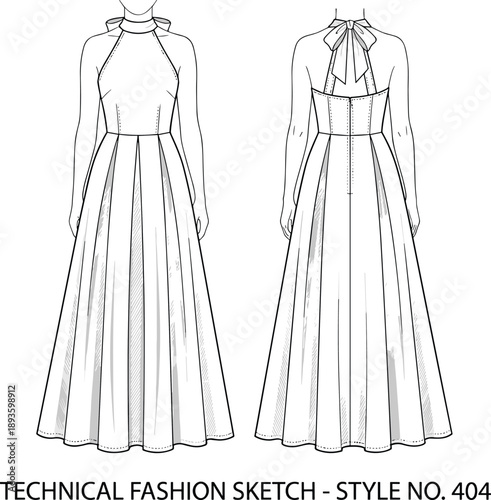 Long dress technical sketch, halter neck, open back, seam details, fitted bodice, flared skirt, flat vector illustration