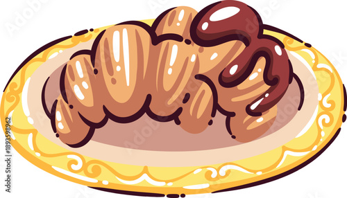 Croissant pastry served on ornate plate with chocolate topping, stylized baked dessert with rounded shapes and bold outlines. French croissant food inspired by France cafe culture, vector illustration