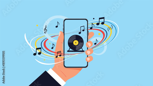 Hand holding a smartphone playing music from a vinyl record app with colorful sound waves and musical notes emanating from the screen.