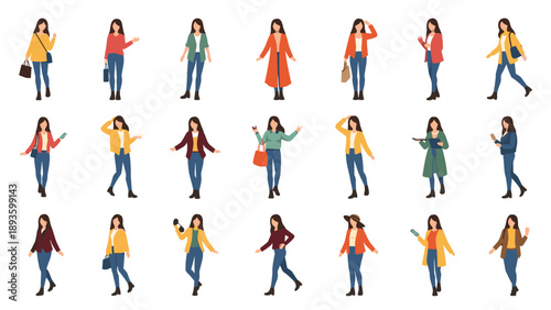 Large collection of a young woman character in different standing and walking poses, wearing various casual autumn and winter outfits.