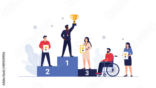 Diverse group of winners including a person with a disability on a podium, celebrating their achievements and promoting inclusion.