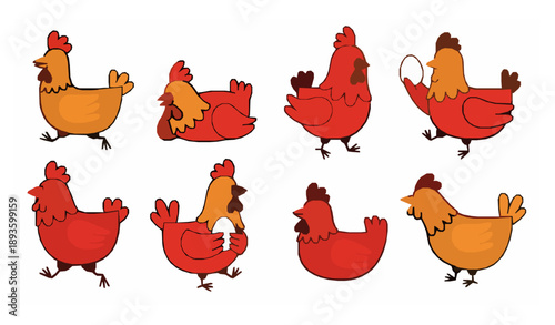 Funny Farm Chicken Cartoon Vector Illustration Set