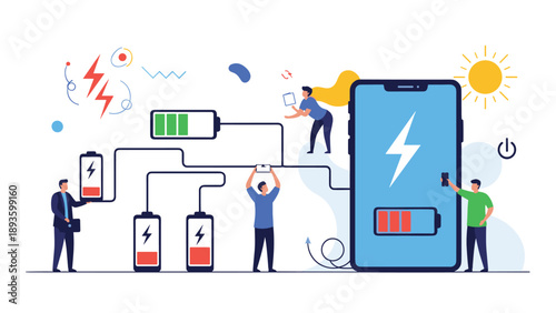 People working together to charge multiple batteries and power a large smartphone, illustrating energy transfer and mobile charging.