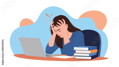 Stressed and overworked young woman sitting at her desk with a laptop, experiencing burnout from studying or remote work.