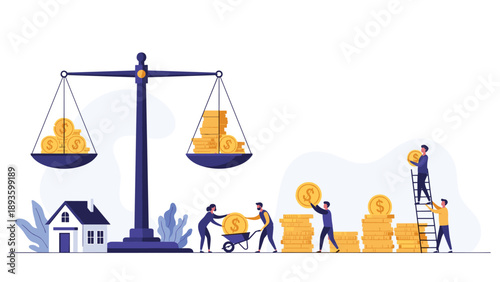 People balancing a house and stacks of gold coins on a large scale, illustrating real estate investment, mortgage, and property value.