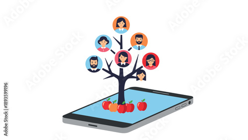 Family tree with member portraits growing from a smartphone screen, representing a digital genealogy app and family history research.
