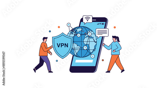 People using a VPN service on a smartphone for secure internet browsing and data protection, with a shield over a globe.