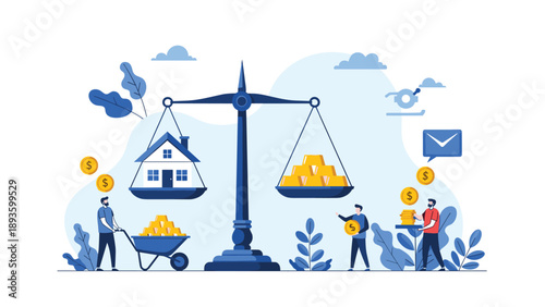 People balancing a house and gold bars on a large scale, symbolizing the comparison of real estate and commodity investments.