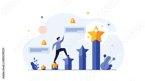 Man climbing a chart of stars to reach the top, symbolizing career growth, achieving goals, and striving for success and quality.