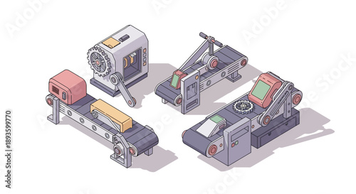 Isometric view of advanced industrial machinery with conveyor belts, gears, and robotic arms, depicting automation and manufacturing, isolated white background.