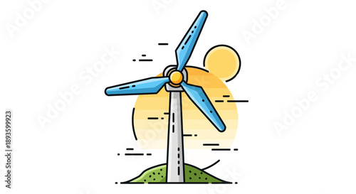 Modern wind turbine generating clean energy on a green hill with a bright sun, isolated white background.