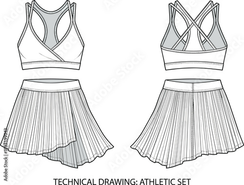 Athletic set technical sketch, sports bra and pleated skirt, front and back view, fashion design, flat vector illustration