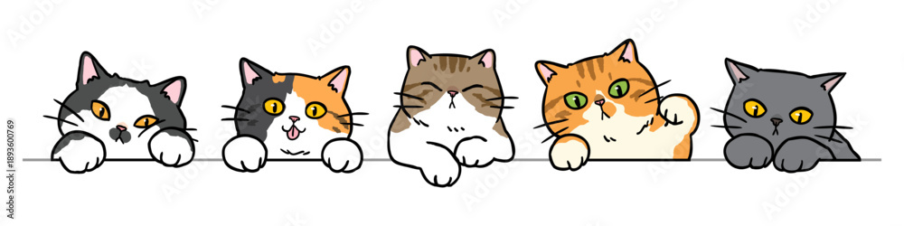 Obraz premium Vector Illustration of Cartoon Cat Head Characters on Isolated Background. Hand Drawn Vector Illustration. 