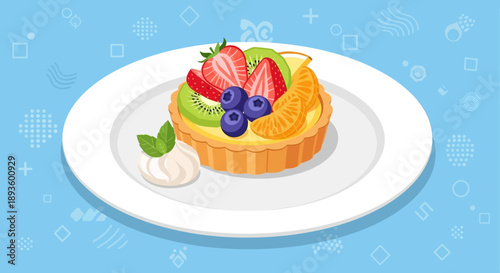 Delicious Fresh Fruit Tart with Strawberries, Blueberries, and Orange Slices on a White Plate