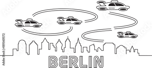 Berlin city silhouette vector with drone taxis flying over iconic architectural landmarks