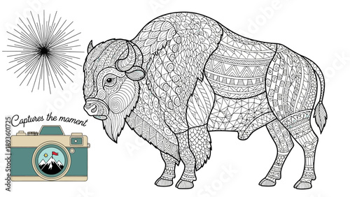 Intricate Zentangle Bison Illustration with Vintage Camera and Sunburst for Creative Coloring or Design Projects