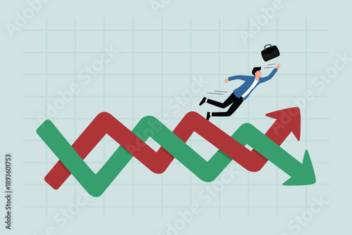 The concept of volatility of financial investments, uncertainty or changes in business and stock markets due to crises, entrepreneurs falling into uncertainty, profit graphs fluctuating up and down.