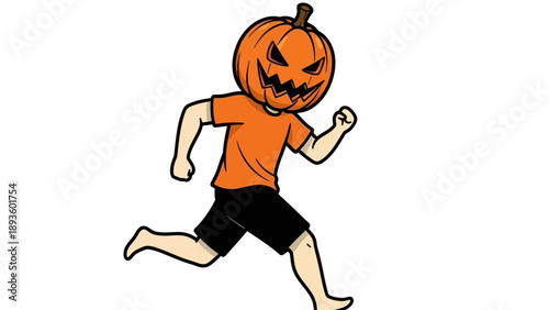 Running Halloween pumpkin character with a spooky carved face, wearing an orange shirt and black shorts, celebrating the holiday with a festive sprint